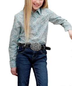 Cruel Girl Girls' Turquoise Ditsy Print Western Snap Shirt