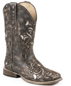 Roper Kids' Lazer Cut Silver Underlay Boot