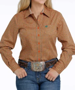 Cinch Women's Orange Geo Print Button Down Shirt