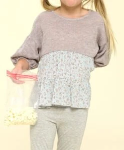 Oddi Girls' Floral Print Block Knit Top